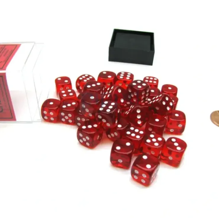 Dice>Translucent 12mm D6 Chessex Dice Block (36 Die) - Red with White Pips - Your Source for Gaming Essentials