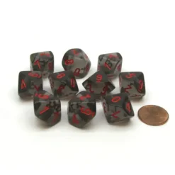 Dice>Translucent 16mm D10 (0-9) Chessex Dice, 10 Pieces - Smoke with Red Numbers - Your Source for Gaming Essentials