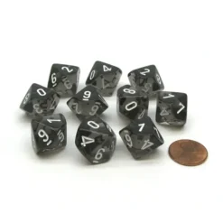 Dice>Translucent 16mm D10 (0-9) Chessex Dice, 10 Pieces - Smoke with White Numbers - Your Source for Gaming Essentials
