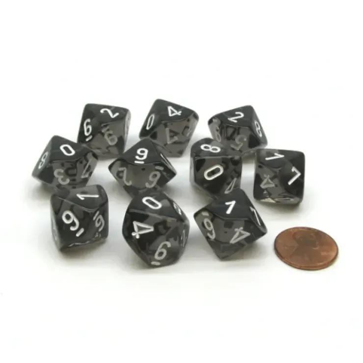 Dice>Translucent 16mm D10 (0-9) Chessex Dice, 10 Pieces - Smoke with White Numbers - Your Source for Gaming Essentials
