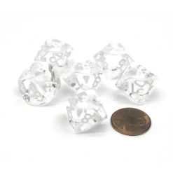 Dice>Translucent 16mm D10 (0-9) Chessex Dice, 6 Pieces - Clear with White Numbers - Your Source for Gaming Essentials