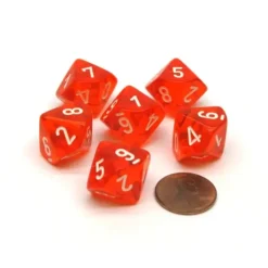 Dice>Translucent 16mm D10 (0-9) Chessex Dice, 6 Pieces - Orange with White Numbers - Your Source for Gaming Essentials