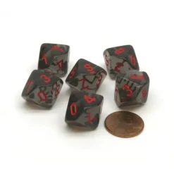 Dice>Translucent 16mm D10 (0-9) Chessex Dice, 6 Pieces - Smoke with Red Numbers - Your Source for Gaming Essentials