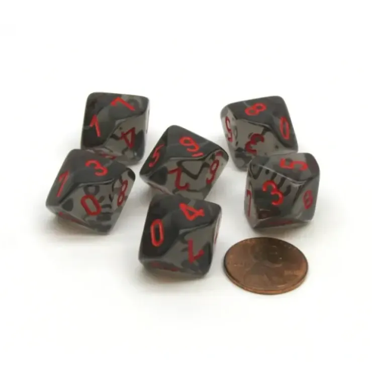 Dice>Translucent 16mm D10 (0-9) Chessex Dice, 6 Pieces - Smoke with Red Numbers - Your Source for Gaming Essentials