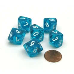Dice>Translucent 16mm D10 (0-9) Chessex Dice, 6 Pieces - Teal with White Numbers - Your Source for Gaming Essentials