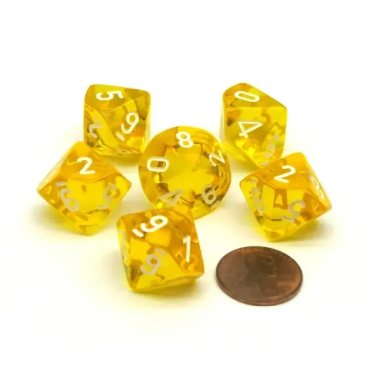 Dice>Translucent 16mm D10 (0-9) Chessex Dice, 6 Pieces - Yellow with White Numbers - Your Source for Gaming Essentials
