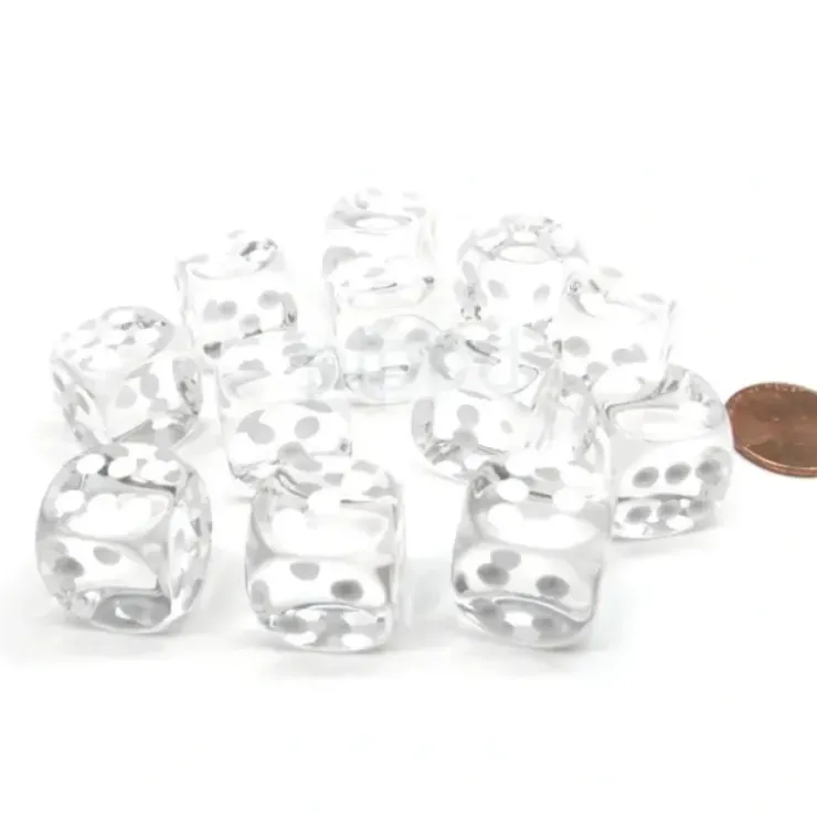 Dice>Translucent 16mm D6 Chessex Dice Block (12 Die) - Clear with White Pips - Your Source for Gaming Essentials