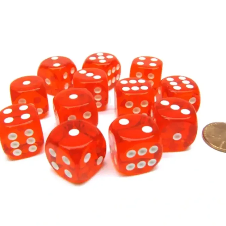 Dice>Translucent 16mm D6 Chessex Dice Block (12 Die) - Orange with White Pips - Your Source for Gaming Essentials