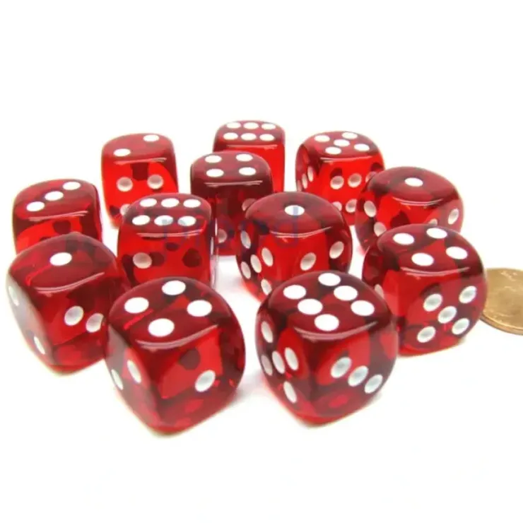 Dice>Translucent 16mm D6 Chessex Dice Block (12 Die) - Red with White Pips - Your Source for Gaming Essentials