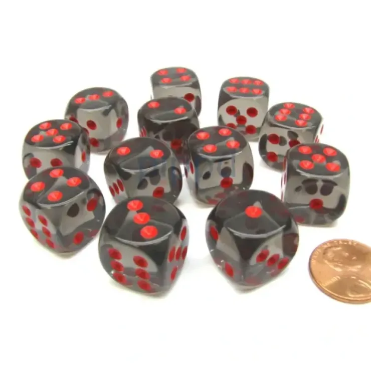 Dice>Translucent 16mm D6 Chessex Dice Block (12 Die) - Smoke with Red Pips - Your Source for Gaming Essentials