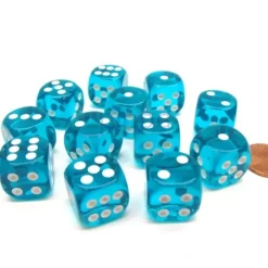 Dice>Translucent 16mm D6 Chessex Dice Block (12 Die) - Teal with White Pips - Your Source for Gaming Essentials