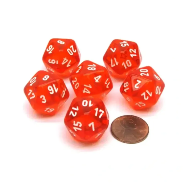 Dice>Translucent 20mm D20 Chessex Dice, 6 Pieces - Orange-Red with White Numbers - Your Source for Gaming Essentials