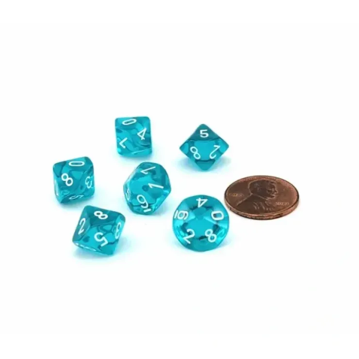 Dice>Translucent 10mm Mini 10 Sided D10 Dice, 6 Pieces - Teal with White Numbers - Your Source for Gaming Essentials