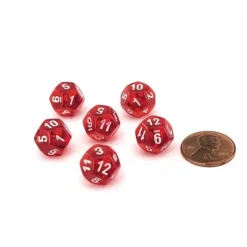 Dice>Translucent 12mm Mini 12 Sided D12 Dice, 6 Pieces - Red with White Numbers - Your Source for Gaming Essentials