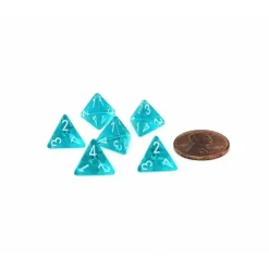 Dice>Translucent 12mm Mini 4 Sided D4 Dice, 6 Pieces - Teal with White Numbers - Your Source for Gaming Essentials