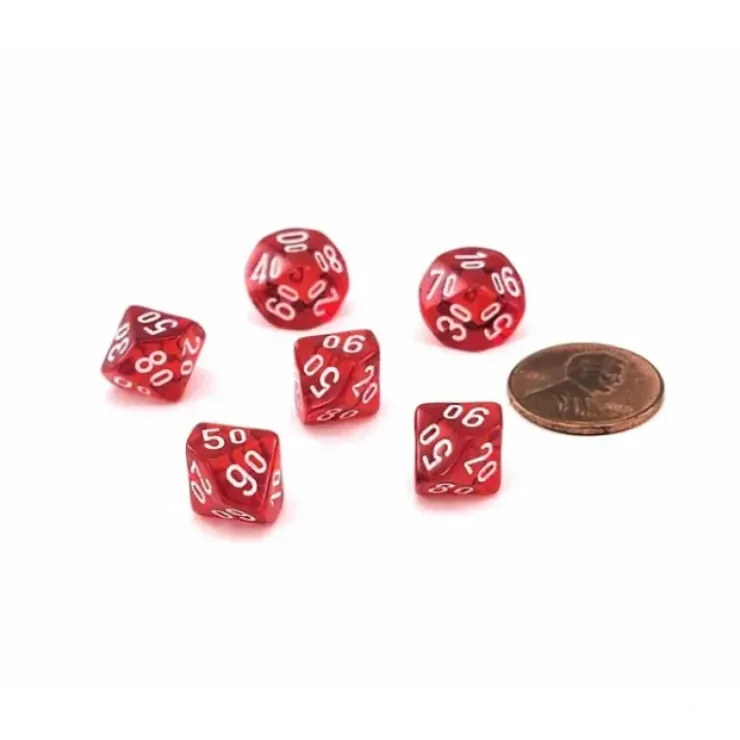 Dice>Translucent 10mm Mini Tens D10 Dice, 6 Pieces - Red with White Numbers - Your Source for Gaming Essentials