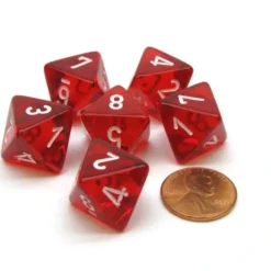 Dice>Translucent 15mm 8 Sided D8 Chessex Dice, 6 Pieces - Red with White - Your Source for Gaming Essentials