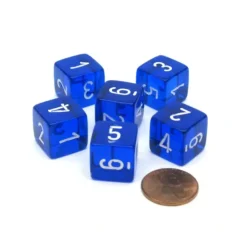 Dice>Translucent 15mm 6 Sided D6 Chessex Dice, 6 Pieces - Blue with White Numbers - Your Source for Gaming Essentials