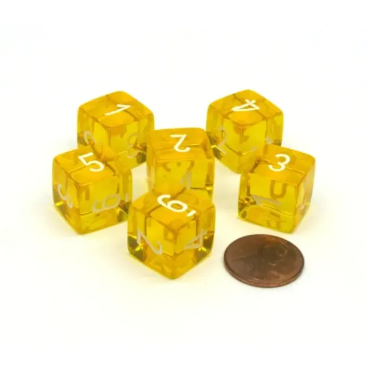 Dice>Translucent 15mm 6-Sided D6 Chessex Dice, 6 Pieces - Yellow with White Numbers - Your Source for Gaming Essentials