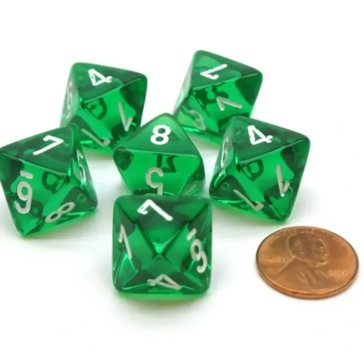 Dice>Translucent 15mm 8 Sided D8 Chessex Dice, 6 Pieces - Green with White - Your Source for Gaming Essentials