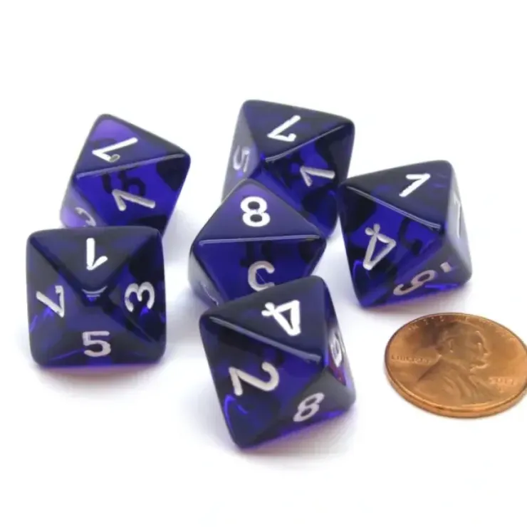 Dice>Translucent 15mm 8 Sided D8 Chessex Dice, 6 Pieces - Purple with White - Your Source for Gaming Essentials