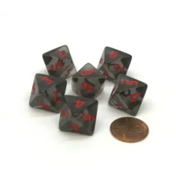 Dice>Translucent 15mm 8 Sided D8 Chessex Dice, 6 Pieces - Smoke with Red Numbers - Your Source for Gaming Essentials