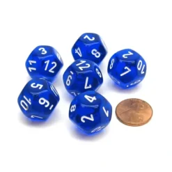 Dice>Translucent 18mm 12 Sided D12 Chessex Dice, 6 Pieces - Blue with White - Your Source for Gaming Essentials
