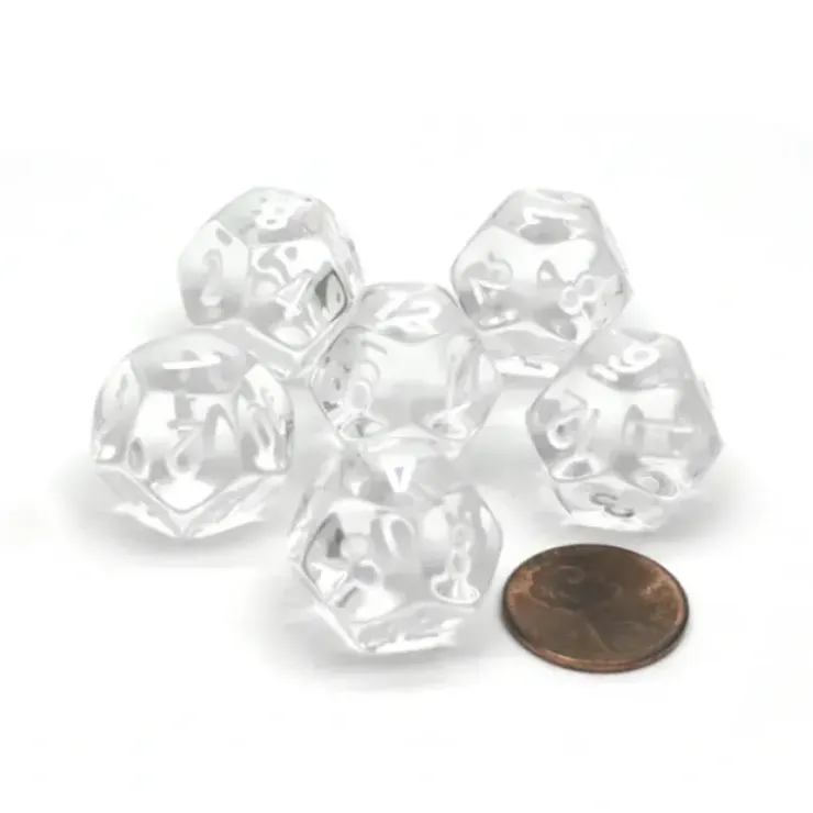 Dice>Translucent 18mm 12 Sided D12 Chessex Dice, 6 Pieces - Clear with White Numbers - Your Source for Gaming Essentials
