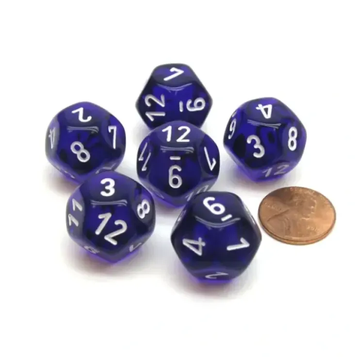 Dice>Translucent 18mm 12 Sided D12 Chessex Dice, 6 Pieces - Purple with White - Your Source for Gaming Essentials