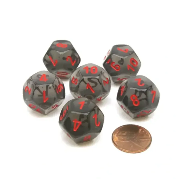 Dice>Translucent 18mm 12 Sided D12 Chessex Dice, 6 Pieces - Smoke with Red Numbers - Your Source for Gaming Essentials