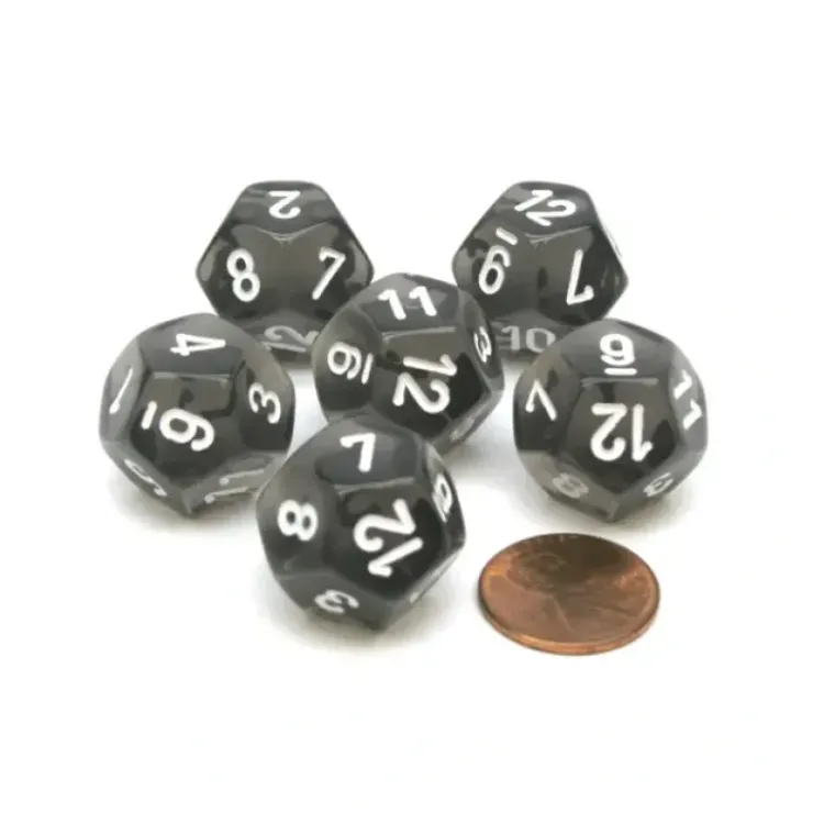 Dice>Translucent 18mm 12 Sided D12 Chessex Dice, 6 Pieces - Smoke with White Numbers - Your Source for Gaming Essentials