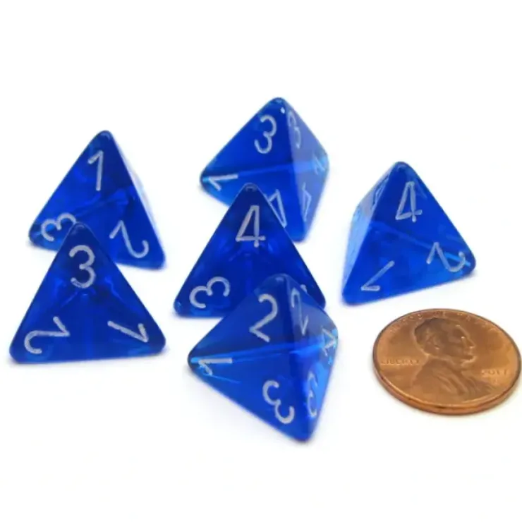 Dice>Translucent 18mm 4 Sided D4 Chessex Dice, 6 Pieces - Blue with White - Your Source for Gaming Essentials