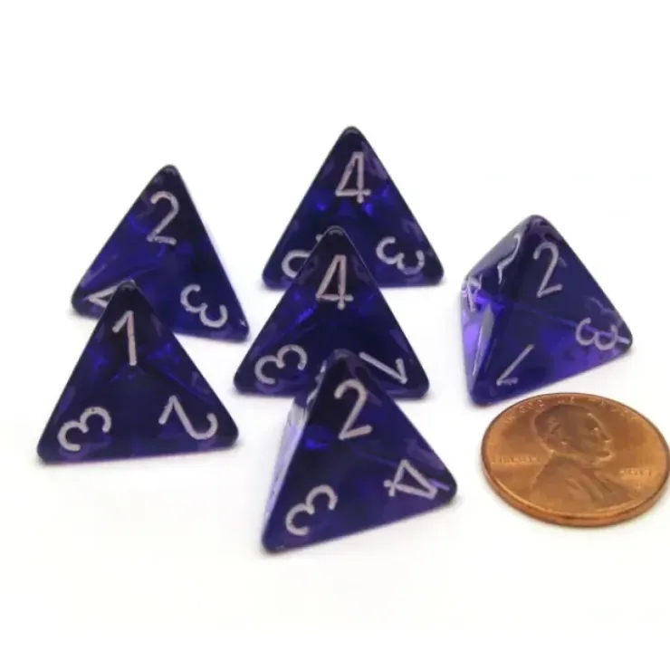 Dice>Translucent 18mm 4 Sided D4 Chessex Dice, 6 Pieces - Purple with White - Your Source for Gaming Essentials