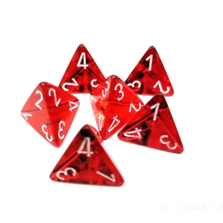 Dice>Translucent 18mm 4 Sided D4 Chessex Dice, 6 Pieces - Red with White - Your Source for Gaming Essentials