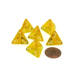 Dice>Translucent 18mm 4 Sided D4 Chessex Dice, 6 Pieces - Yellow with White Numbers - Your Source for Gaming Essentials
