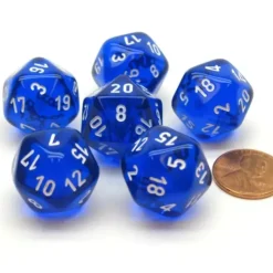 Dice>Translucent 20mm 20 Sided D20 Chessex Dice, 6 Pieces - Blue with White Numbers - Your Source for Gaming Essentials