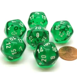 Dice>Translucent 20mm 20 Sided D20 Chessex Dice, 6 Pieces - Green with White Numbers - Your Source for Gaming Essentials