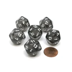 Dice>Translucent 20mm 20 Sided D20 Chessex Dice, 6 Pieces - Smoke with White Numbers - Your Source for Gaming Essentials