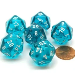 Dice>Translucent 20mm 20 Sided D20 Chessex Dice, 6 Pieces - Teal with White Numbers - Your Source for Gaming Essentials