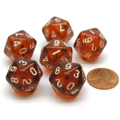 Dice>Translucent 18mm 20-Sided D10 Dice Numbered 0-9 Twice, 6 Pieces - Brown - Your Source for Gaming Essentials