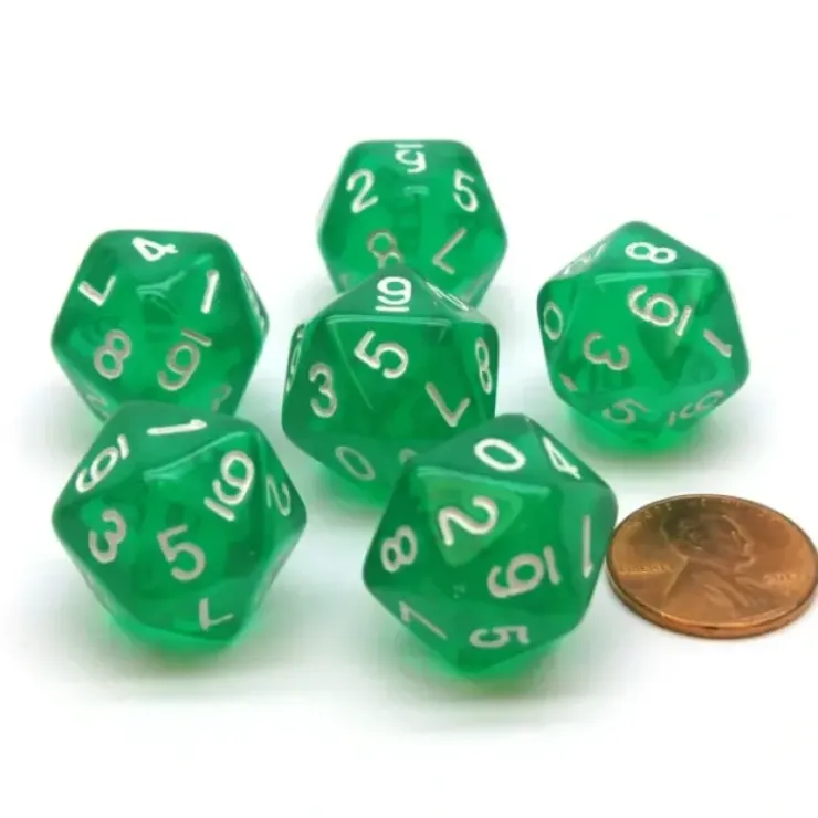 Dice>Translucent 18mm 20-Sided D10 Dice Numbered 0-9 Twice, 6 Pieces - Green - Your Source for Gaming Essentials
