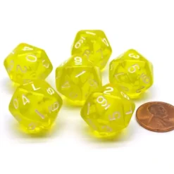 Dice>Translucent 18mm 20-Sided D10 Dice Numbered 0-9 Twice, 6 Pieces- Yellow - Your Source for Gaming Essentials