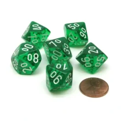 Dice>Translucent 16mm Tens D10 (00-90) Dice, 6 Pieces - Green with White Numbers - Your Source for Gaming Essentials