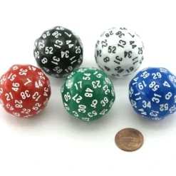Dice>Tube of 5 D60 (60-Sided) 35mm Dice - 1 Each of Green White Blue Black Red - Your Source for Gaming Essentials