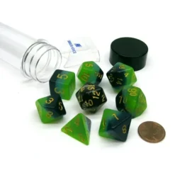 Dice>Tube of 7 Polyhedral RPG Sirius Dice with Bonus D20 - Green, Blue Translucent - Your Source for Gaming Essentials