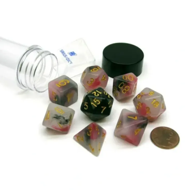 Dice>Tube of 7 Polyhedral RPG Sirius Dice with Bonus D20 - Pink, Black, Red Marble - Your Source for Gaming Essentials