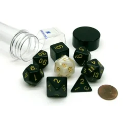 Dice>Tube of 7 Polyhedral RPG Sirius Dice with Bonus D20 - Solid Black, Gold Ink - Your Source for Gaming Essentials
