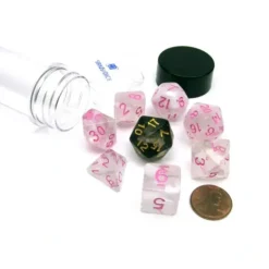 Dice>Tube of 7 Polyhedral RPG Sirius Dice with Bonus D20 - White Cloud, Pink Ink - Your Source for Gaming Essentials