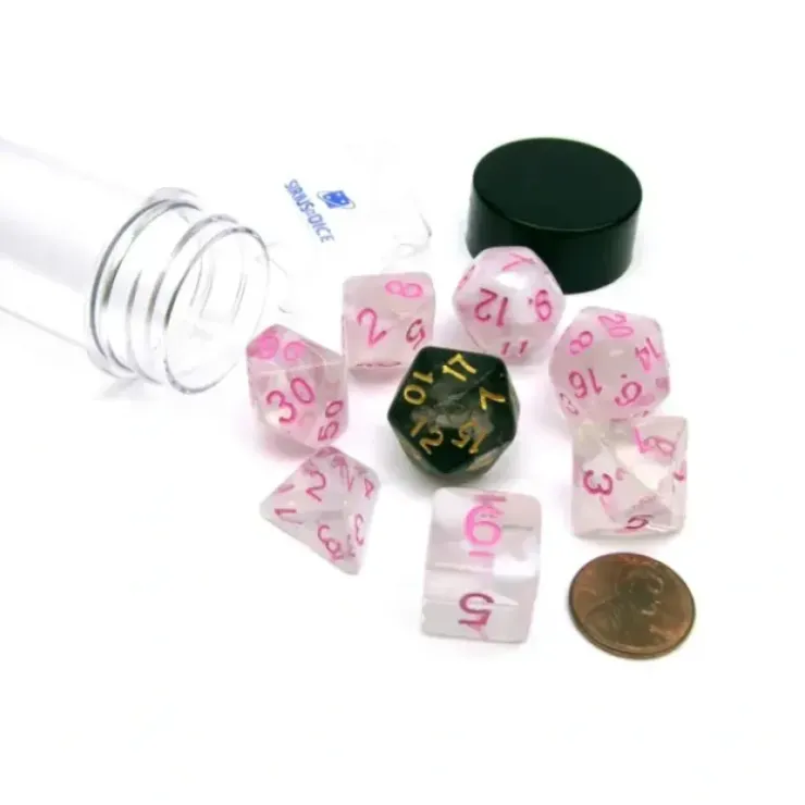 Dice>Tube of 7 Polyhedral RPG Sirius Dice with Bonus D20 - White Cloud, Pink Ink - Your Source for Gaming Essentials