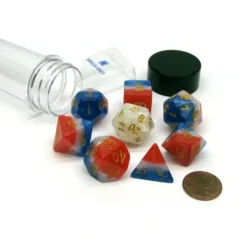 Dice>Tube of 7 Sirius Dice + Bonus D20 - Red, White, and Blue Semi-Transparent Resin - Your Source for Gaming Essentials